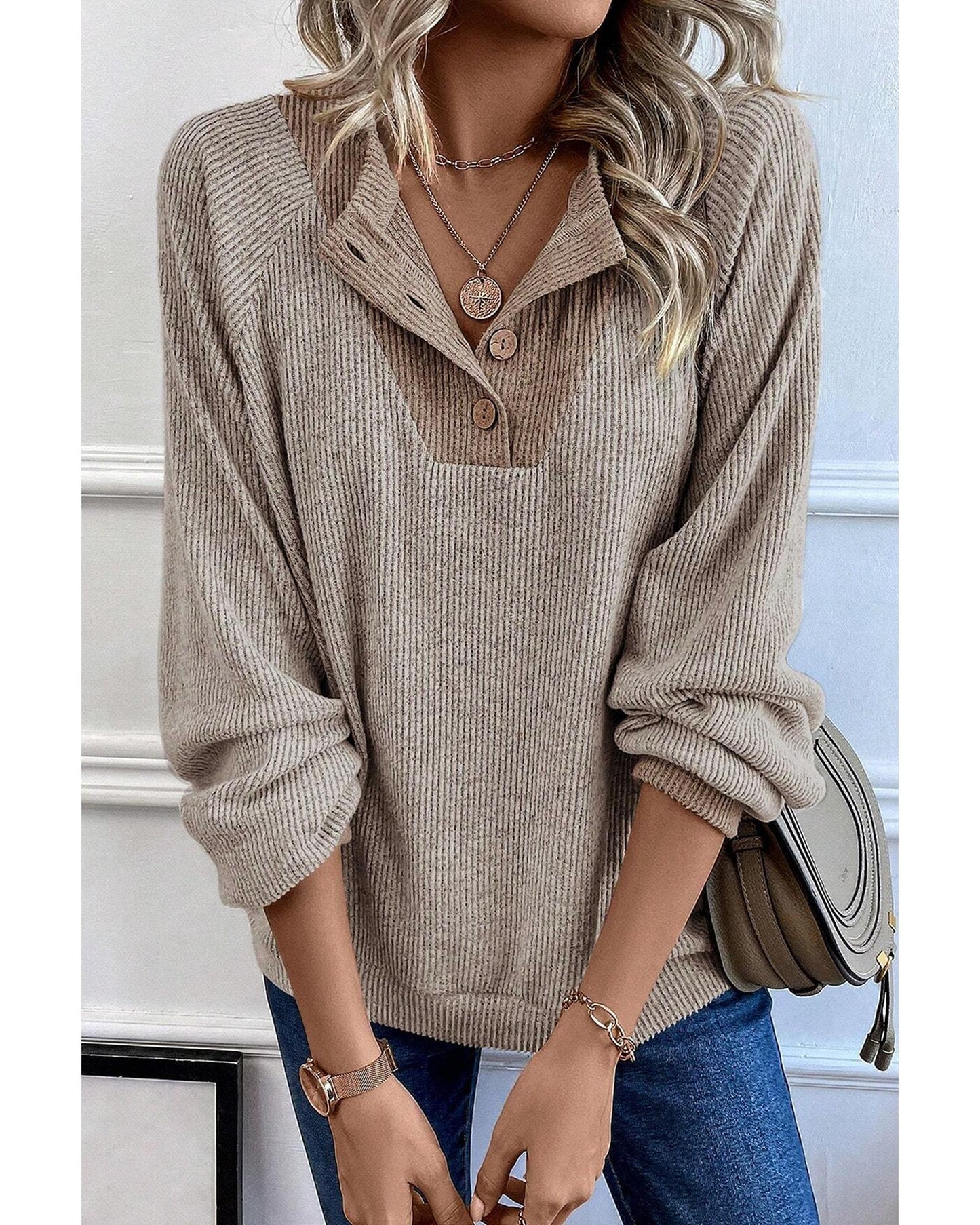 Jet Stream Color Contrast Ribbed Loose Fit Long Sleeve Top - S