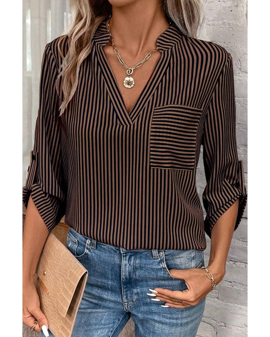 Brown Stripe V Neck Roll Up Sleeve Pocket Patched Classic Shirt - M