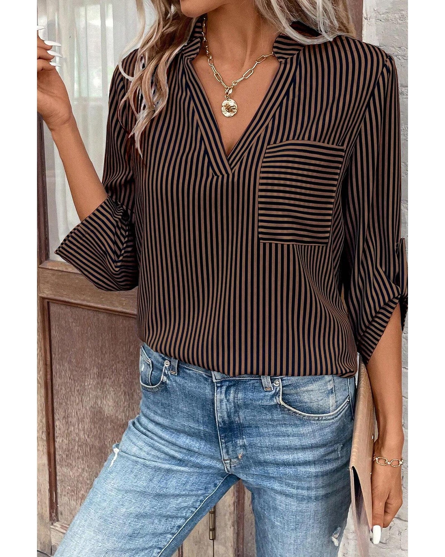 Brown Stripe V Neck Roll Up Sleeve Pocket Patched Classic Shirt - M