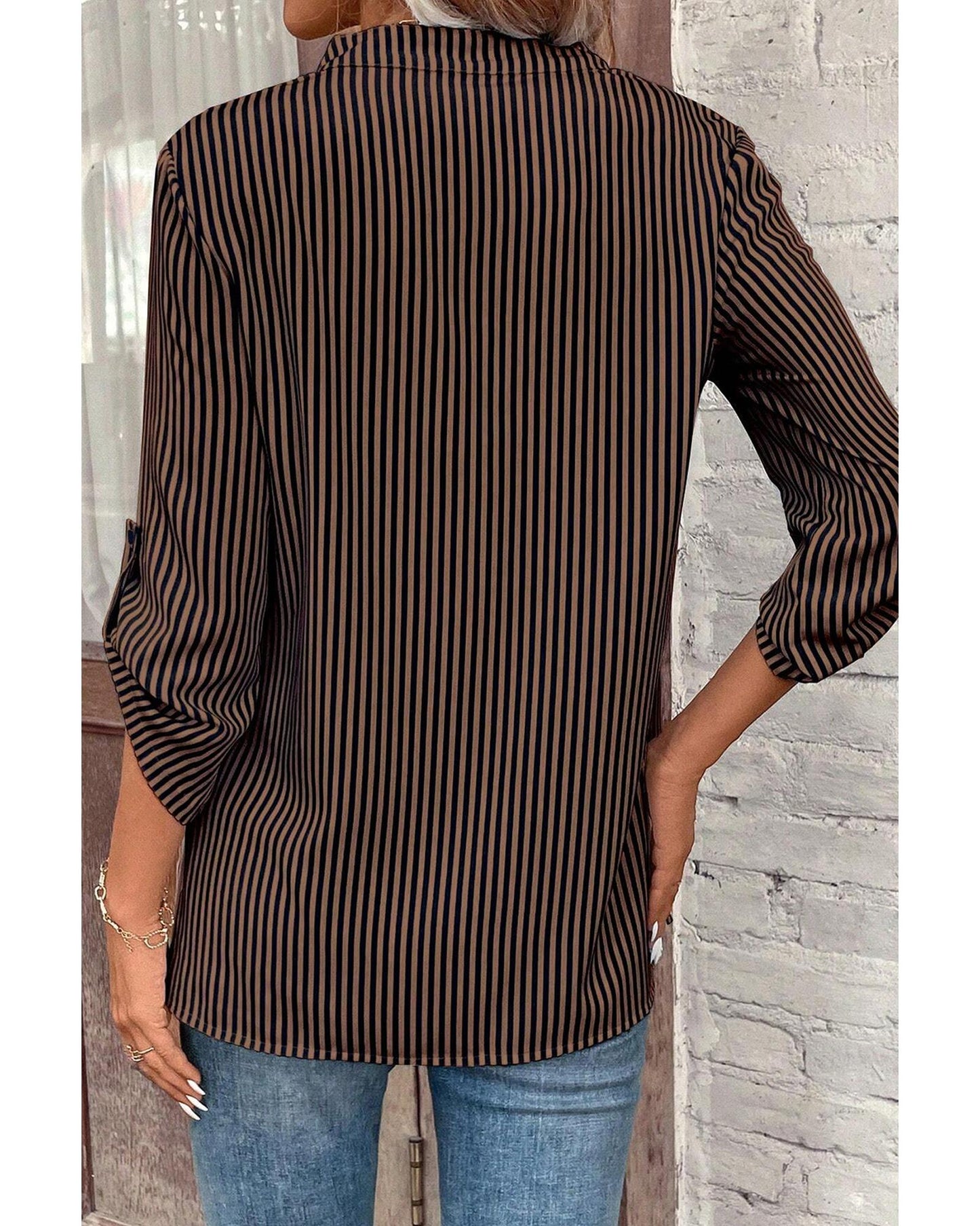 Brown Stripe V Neck Roll Up Sleeve Pocket Patched Classic Shirt - M