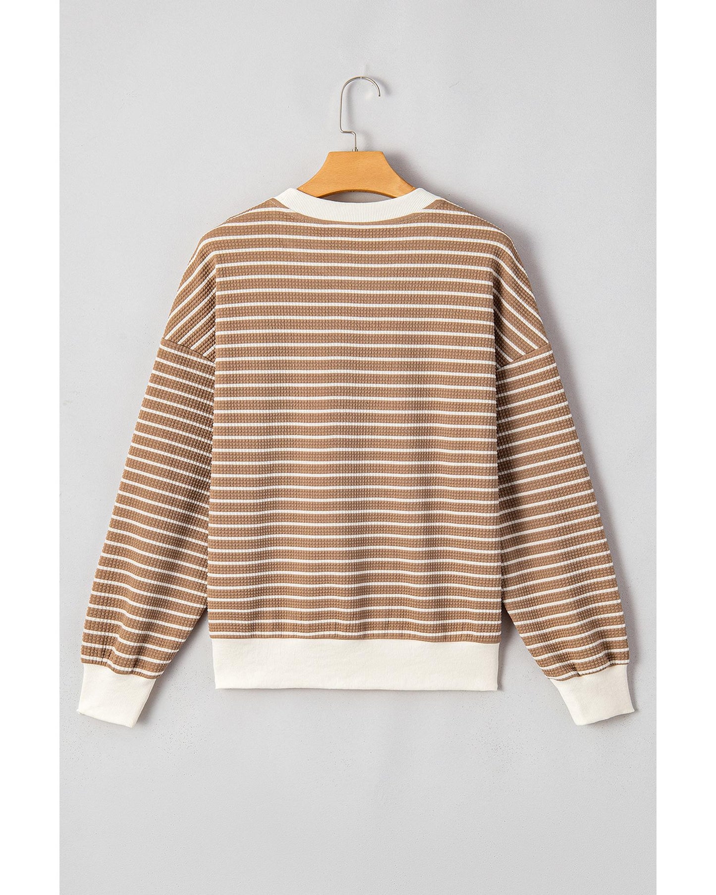 Khaki Stripe Patched Edge Textured Round Neck Long Sleeve Top - XL
