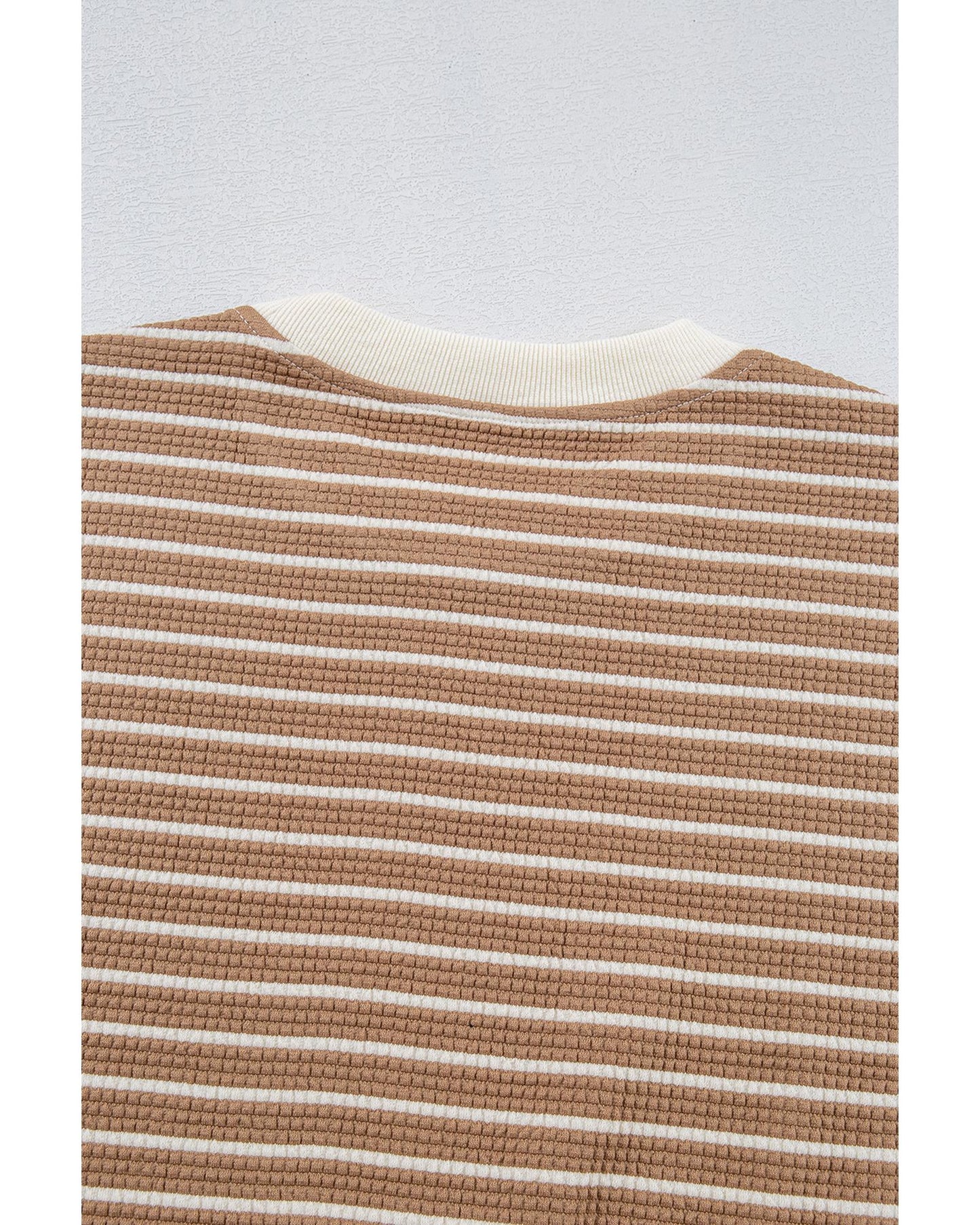 Khaki Stripe Patched Edge Textured Round Neck Long Sleeve Top - XL