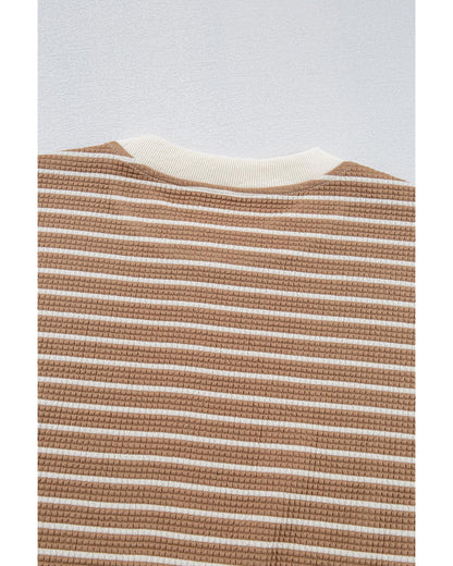Khaki Stripe Patched Edge Textured Round Neck Long Sleeve Top - XL
