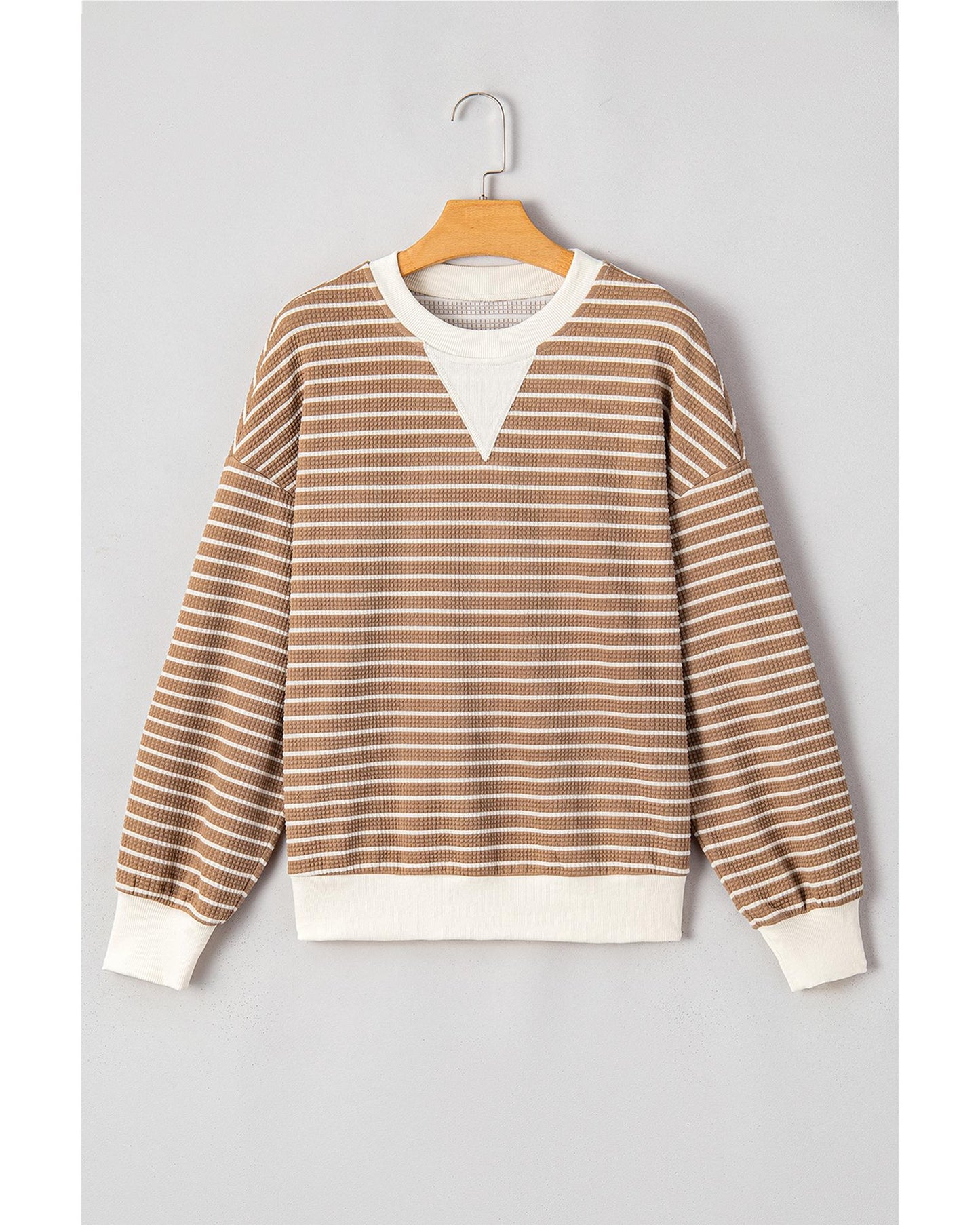 Khaki Stripe Patched Edge Textured Round Neck Long Sleeve Top - XL