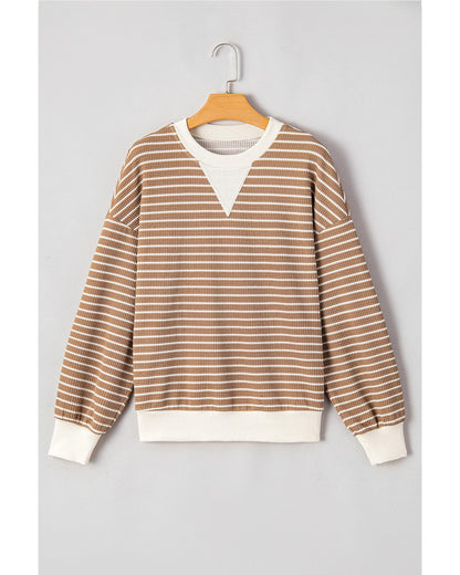 Khaki Stripe Patched Edge Textured Round Neck Long Sleeve Top - XL