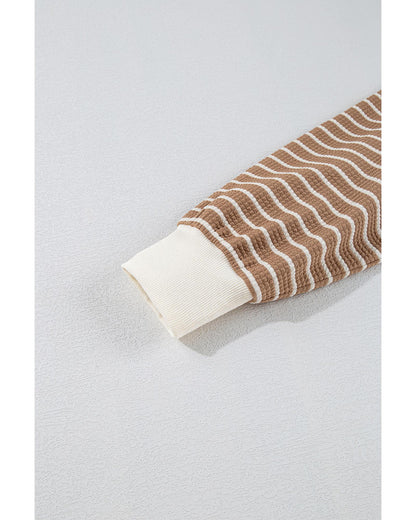 Khaki Stripe Patched Edge Textured Round Neck Long Sleeve Top - XL