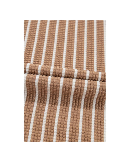 Khaki Stripe Patched Edge Textured Round Neck Long Sleeve Top - XL