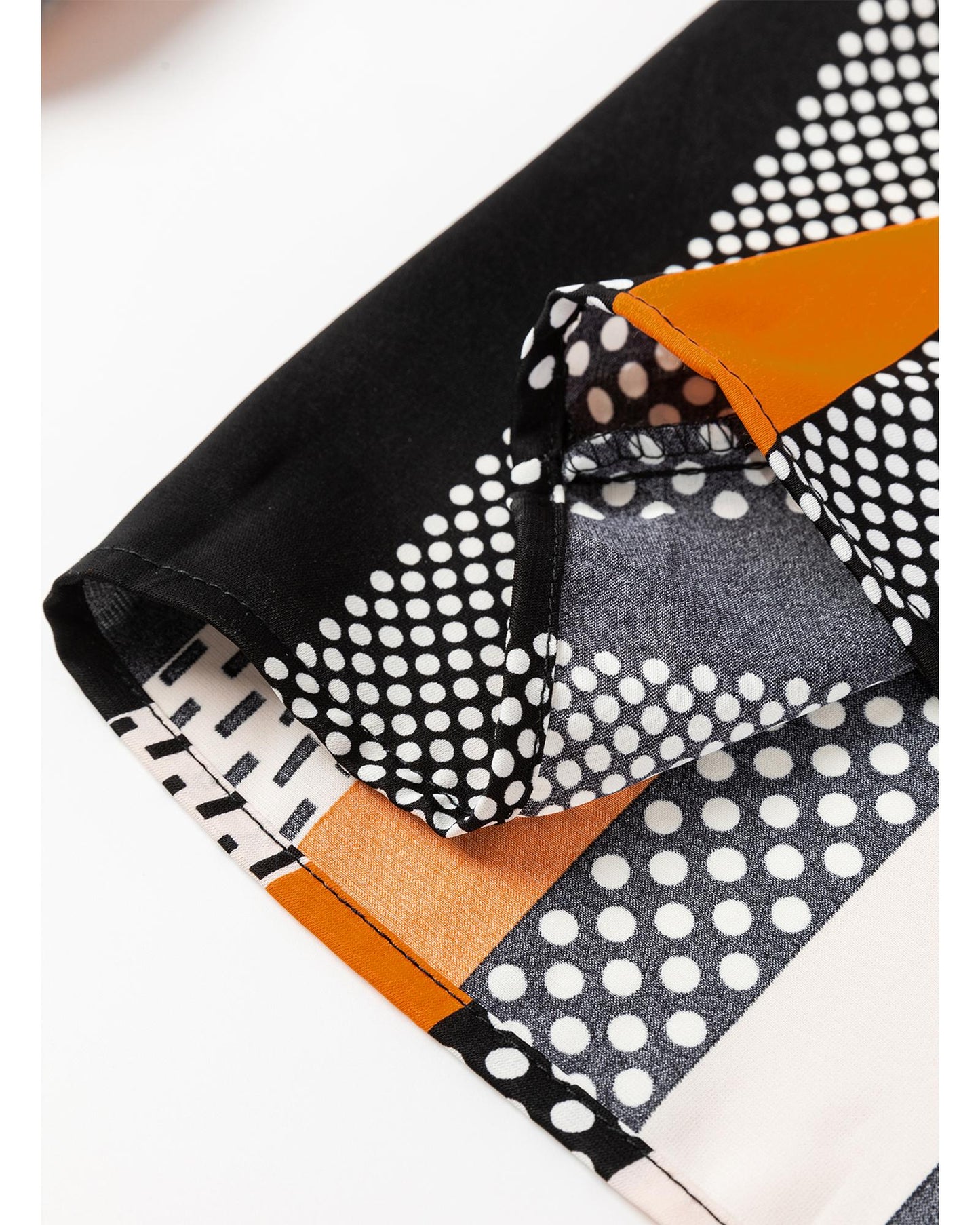 Orange Geo Print Colorblock Notched V Neck Blouse - S