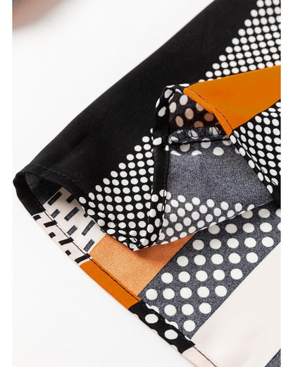 Orange Geo Print Colorblock Notched V Neck Blouse - S