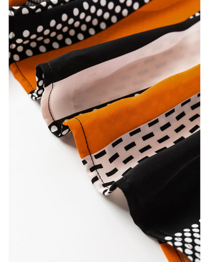 Orange Geo Print Colorblock Notched V Neck Blouse - S