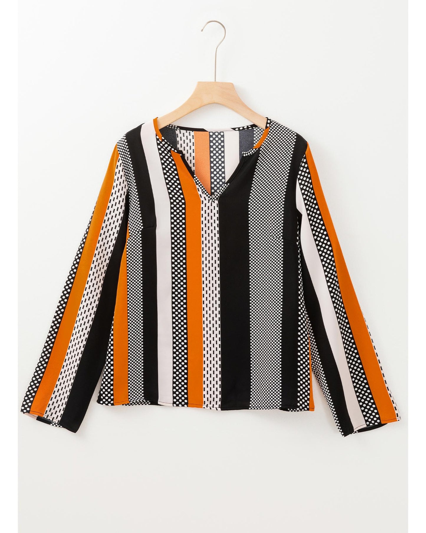 Orange Geo Print Colorblock Notched V Neck Blouse - S