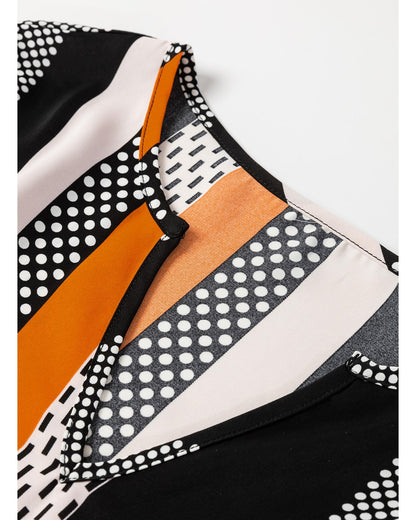Orange Geo Print Colorblock Notched V Neck Blouse - S