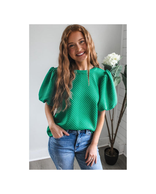 Sea Green Solid Textured O Neck Puff Sleeve Blouse - S
