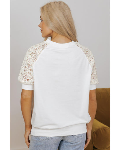 White Lace Crochet Short Sleeve Round Neck T Shirt - M