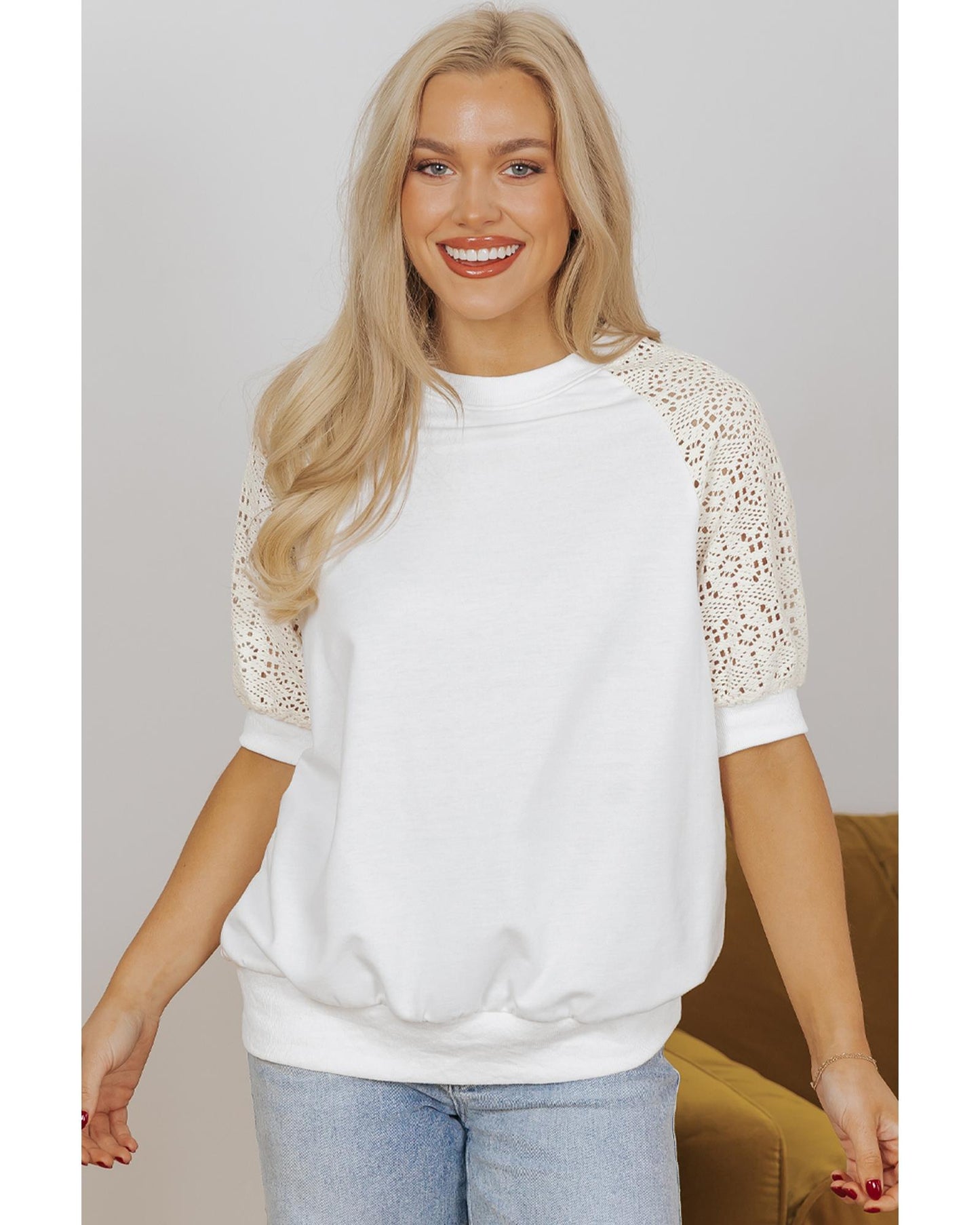 White Lace Crochet Short Sleeve Round Neck T Shirt - M