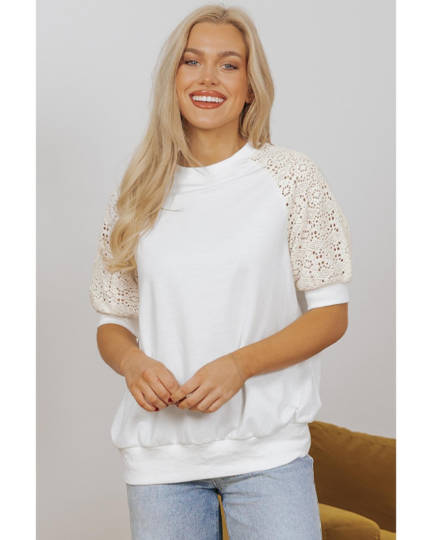 White Lace Crochet Short Sleeve Round Neck T Shirt - M