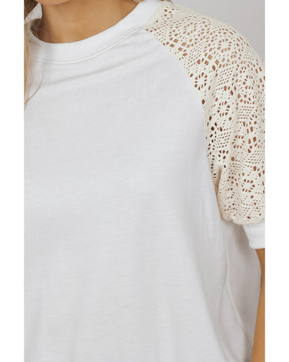 White Lace Crochet Short Sleeve Round Neck T Shirt - M