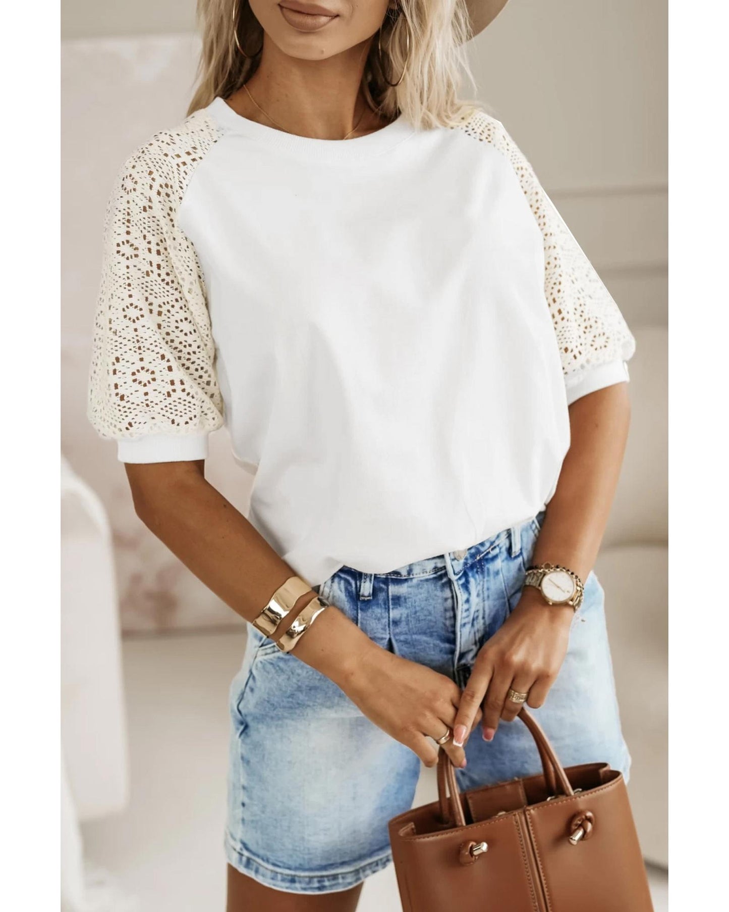 White Lace Crochet Short Sleeve Round Neck T Shirt - M