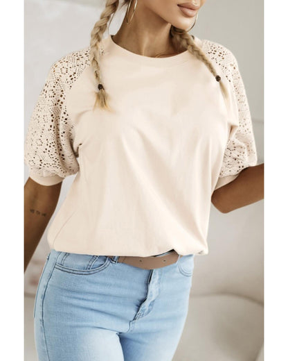 Jet Stream Lace Crochet Short Sleeve Round Neck T Shirt - M