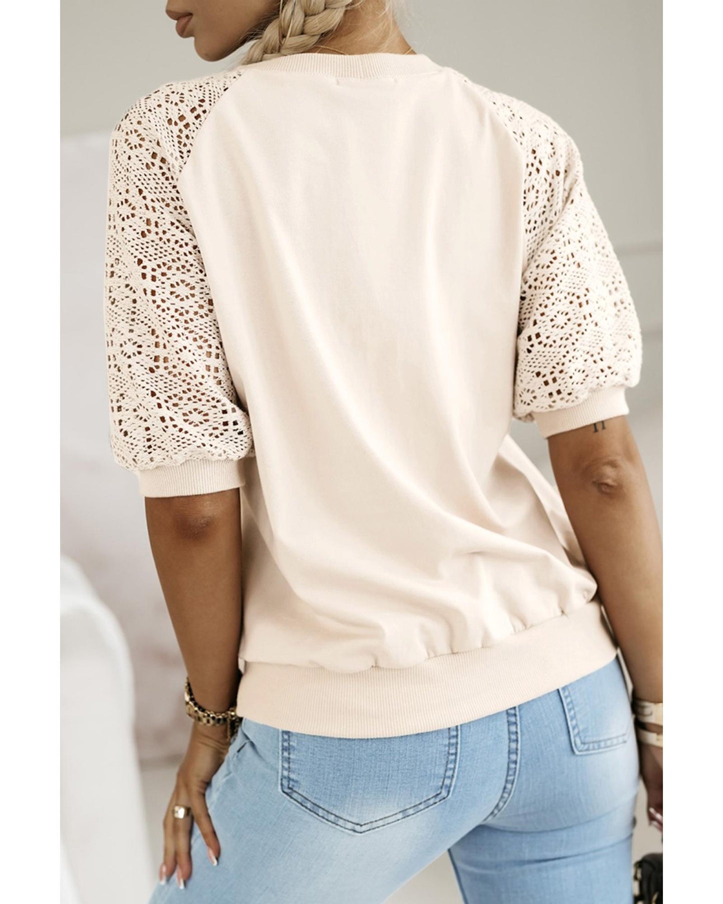 Jet Stream Lace Crochet Short Sleeve Round Neck T Shirt - M