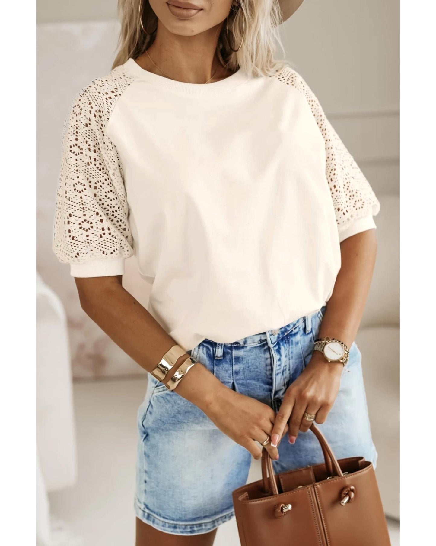 Jet Stream Lace Crochet Short Sleeve Round Neck T Shirt - M