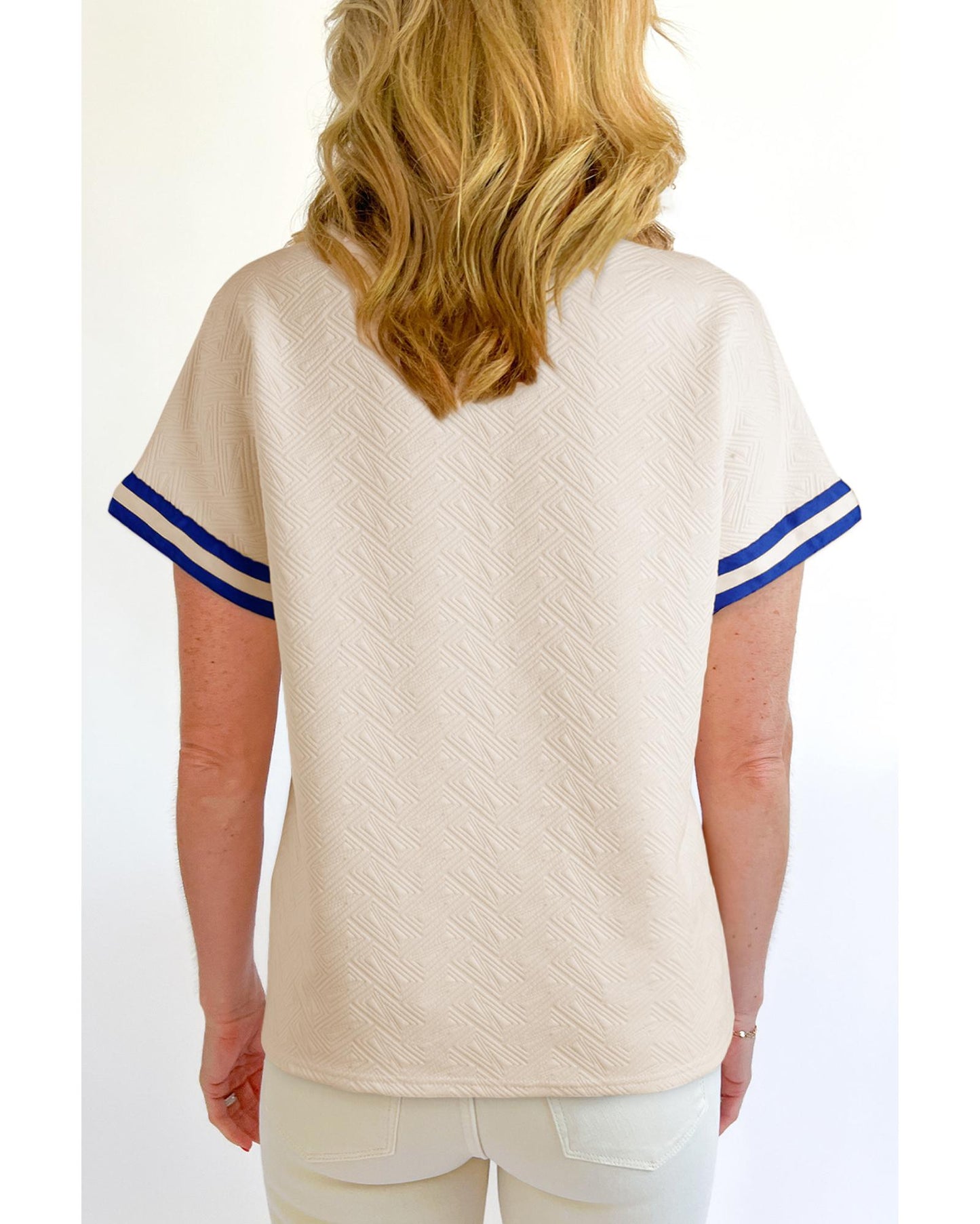 Beige Preppy Striped Trim Textured Quarter Zipper Colorblock Short Sleeve Top - M