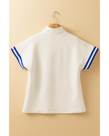 Beige Preppy Striped Trim Textured Quarter Zipper Colorblock Short Sleeve Top - M