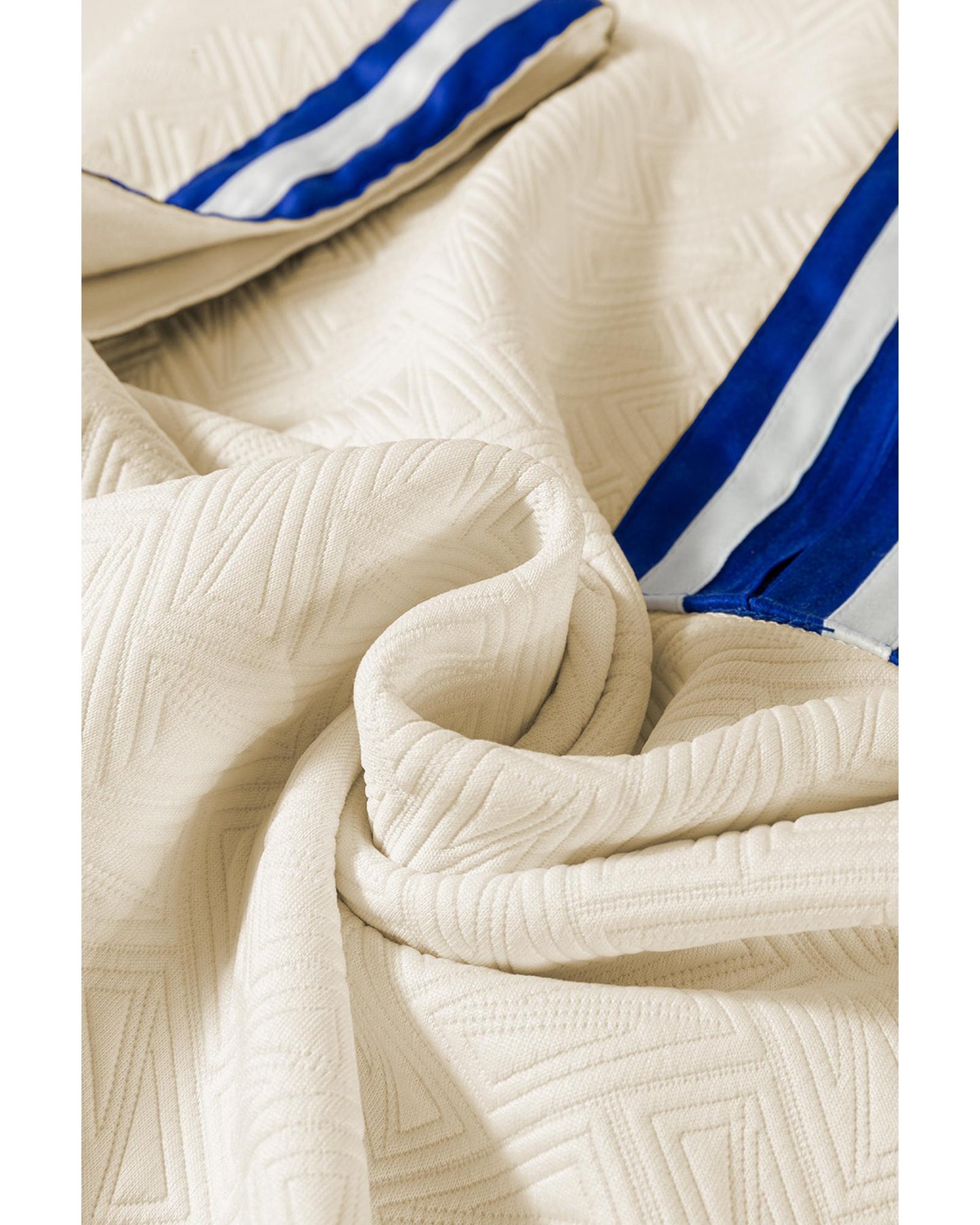 Beige Preppy Striped Trim Textured Quarter Zipper Colorblock Short Sleeve Top - M