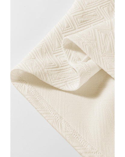 Beige Preppy Striped Trim Textured Quarter Zipper Colorblock Short Sleeve Top - M