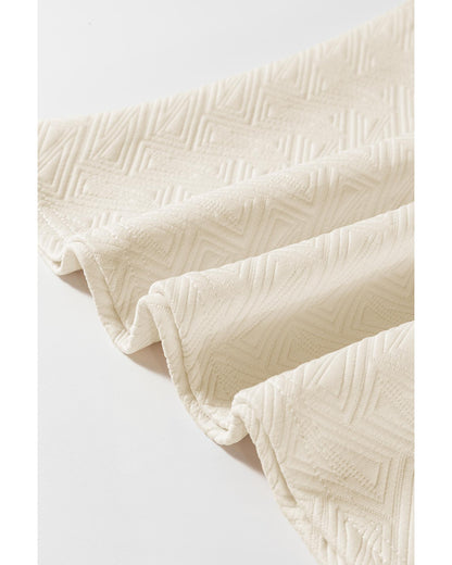 Beige Preppy Striped Trim Textured Quarter Zipper Colorblock Short Sleeve Top - M