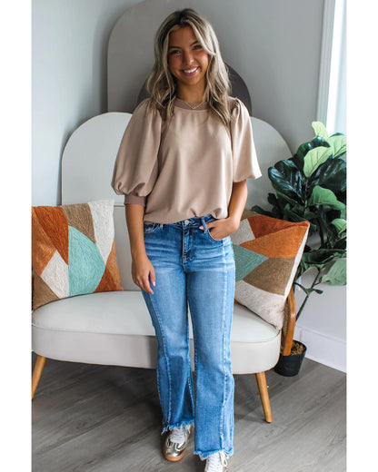 Goat Half Lantern Sleeve Solid Colour Pullover Top - S