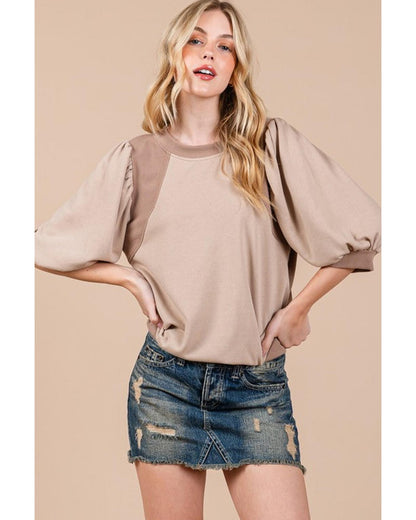 Goat Half Lantern Sleeve Solid Colour Pullover Top - S