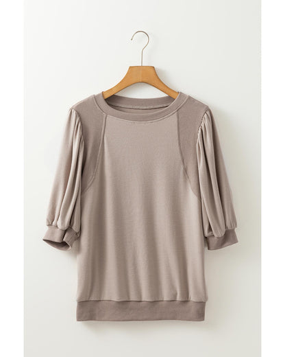 Goat Half Lantern Sleeve Solid Colour Pullover Top - S