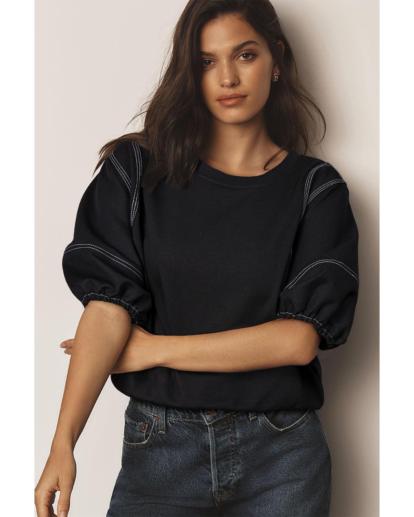 Black Contrast Stitches Detail Puffy Half Sleeve Blouse - M