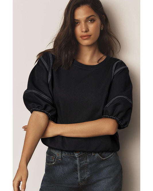 Black Contrast Stitches Detail Puffy Half Sleeve Blouse - M