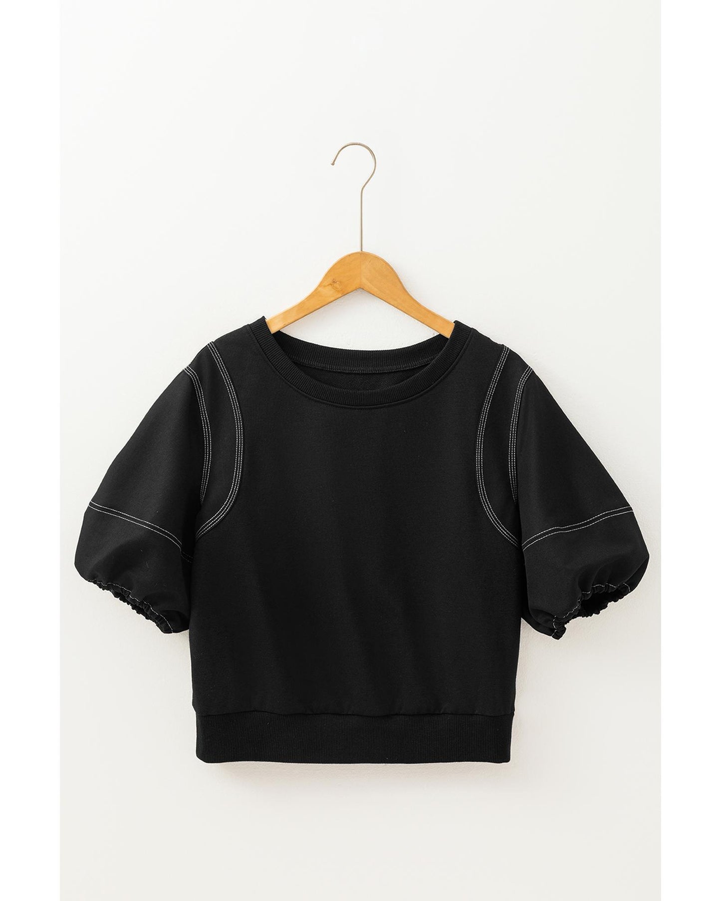 Black Contrast Stitches Detail Puffy Half Sleeve Blouse - M
