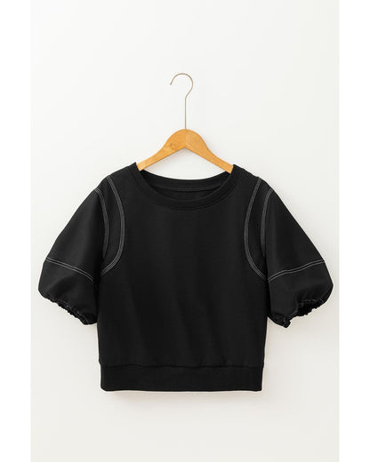 Black Contrast Stitches Detail Puffy Half Sleeve Blouse - M