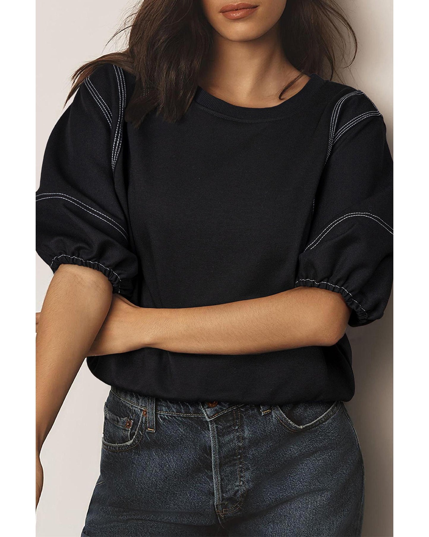 Black Contrast Stitches Detail Puffy Half Sleeve Blouse - M