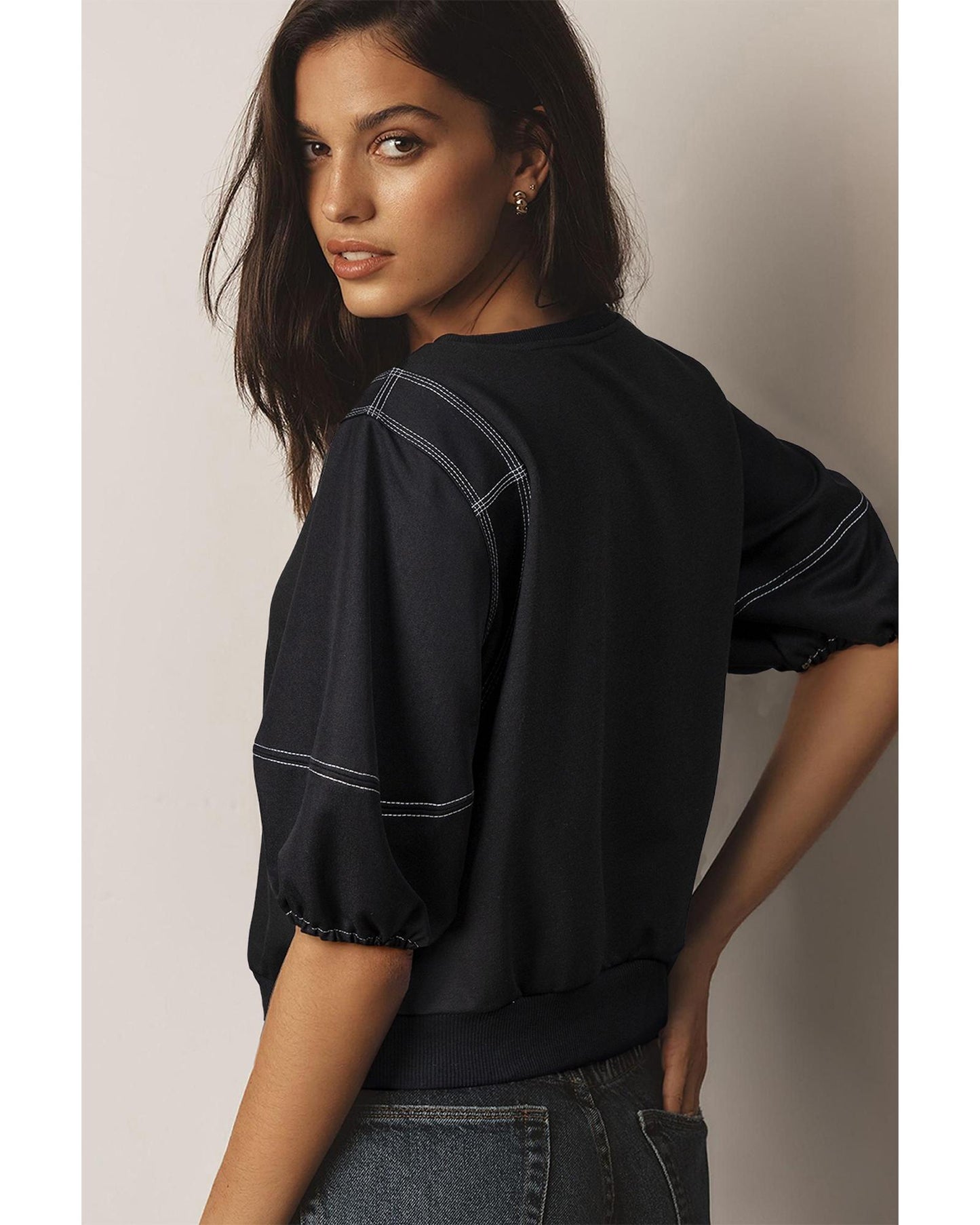 Black Contrast Stitches Detail Puffy Half Sleeve Blouse - M