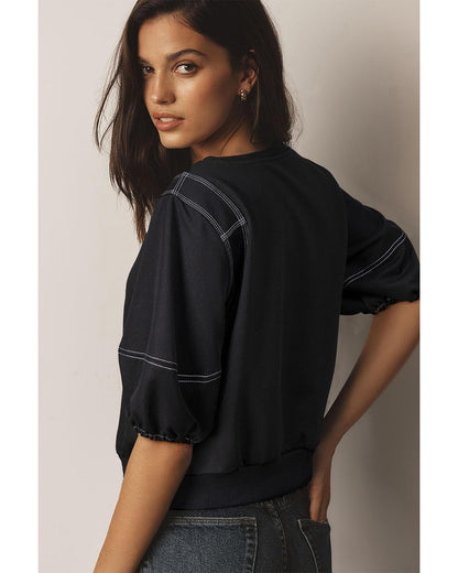 Black Contrast Stitches Detail Puffy Half Sleeve Blouse - M
