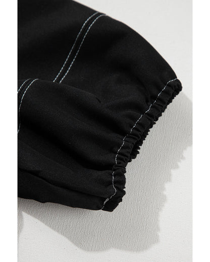 Black Contrast Stitches Detail Puffy Half Sleeve Blouse - M