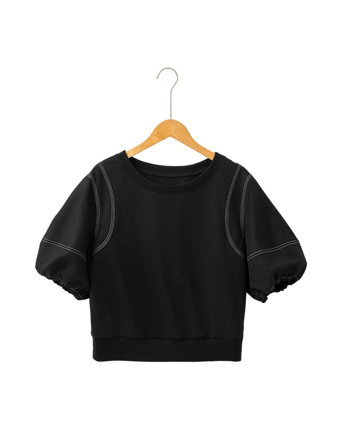 Black Contrast Stitches Detail Puffy Half Sleeve Blouse - M