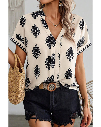 Black Geometric Print Short Sleeve V Neck Blouse - M