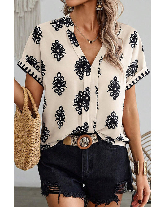 Black Geometric Print Short Sleeve V Neck Blouse - M