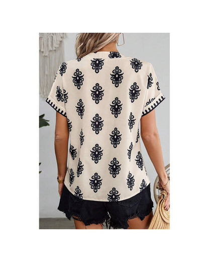 Black Geometric Print Short Sleeve V Neck Blouse - M