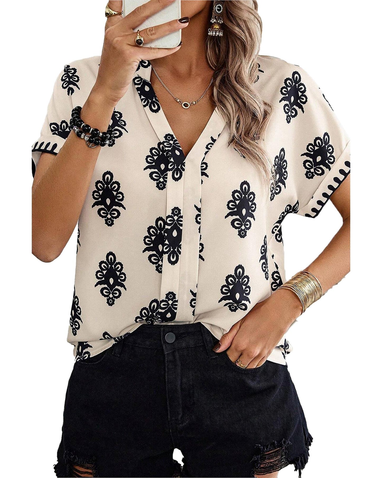 Black Geometric Print Short Sleeve V Neck Blouse - M