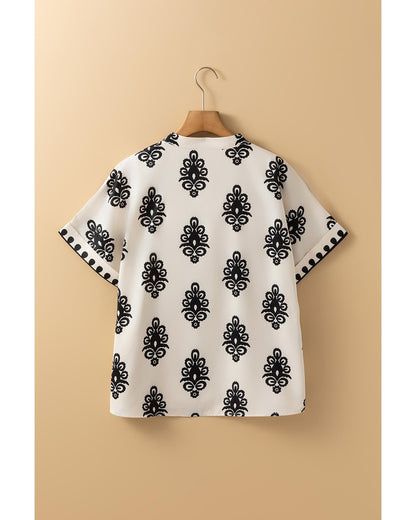 Black Geometric Print Short Sleeve V Neck Blouse - M