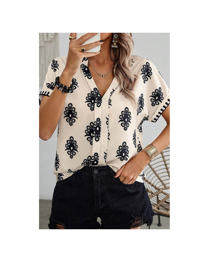 Black Geometric Print Short Sleeve V Neck Blouse - M