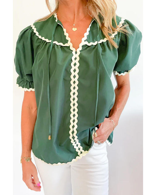 Mist Green Ric Rac Trim Tie Split Neck Short Sleeve Blouse - S