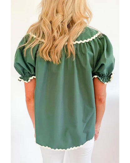 Mist Green Ric Rac Trim Tie Split Neck Short Sleeve Blouse - S